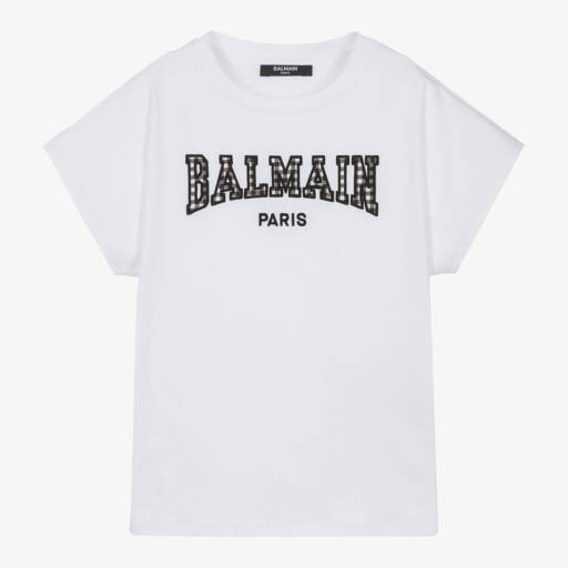Balmain-Футболка из белого хлопка в клетку для девочек | Childrensalon Outlet