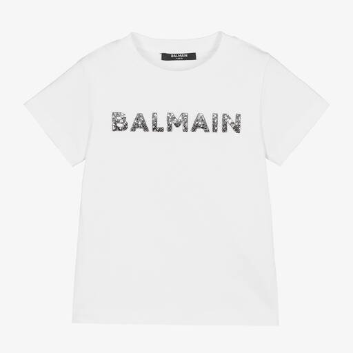 Balmain-Girls White Cotton Sequin T-Shirt | Childrensalon Outlet