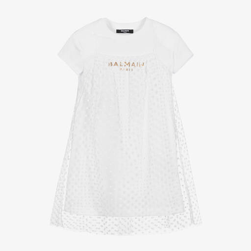 Balmain-Girls White Cotton & Tulle Dress  | Childrensalon Outlet
