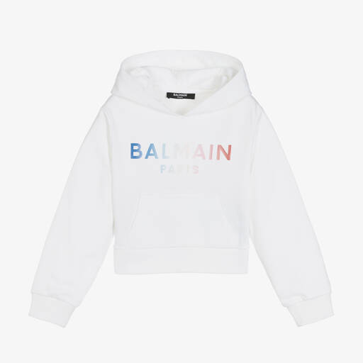 Balmain-Girls White Cropped Hoodie | Childrensalon Outlet