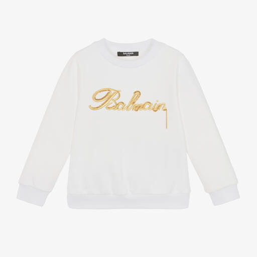 Balmain-Girls White Embroidered Cotton Sweatshirt | Childrensalon Outlet