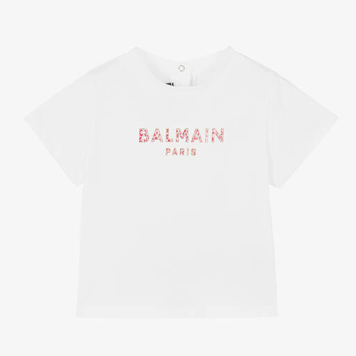 Balmain-تيشيرت أطفال بناتي قطن لون أبيض وزهري | Childrensalon Outlet