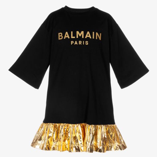 Balmain-Teen Black & Gold Logo Dress | Childrensalon Outlet