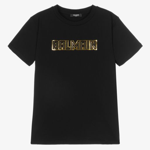 Balmain-Teen Black & Gold Logo T-Shirt | Childrensalon Outlet
