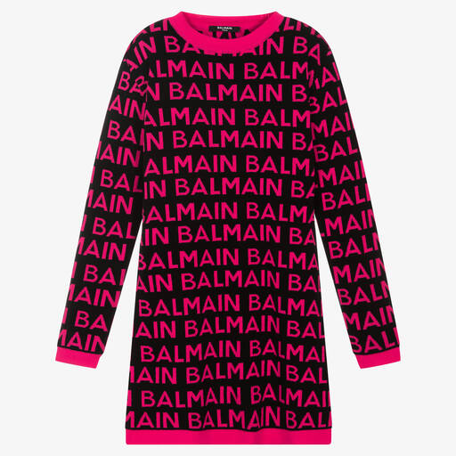 Balmain-فستان تينز قطن لون أسود وزهري فيوشيا | Childrensalon Outlet