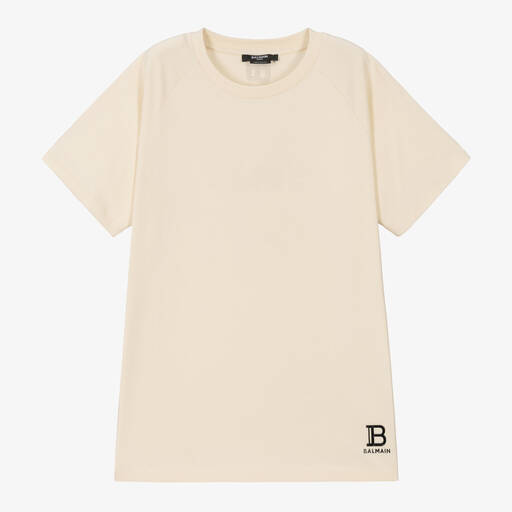 Balmain-Teen Boys Beige Cotton Logo T-Shirt | Childrensalon Outlet