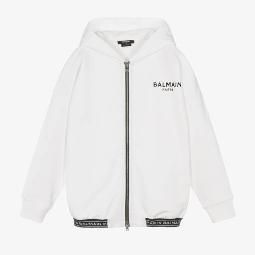 Balmain-توب هودي بسحّاب تينز ولادي قطن لون أبيض | Childrensalon Outlet