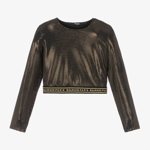 Balmain-توب كروب تينز بناتي جيرسي لون أسود وذهبي غليتر | Childrensalon Outlet