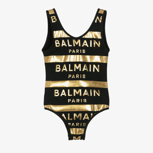 Balmain-Teen Girls Black & Gold Logo Print Swimsuit | Childrensalon Outlet
