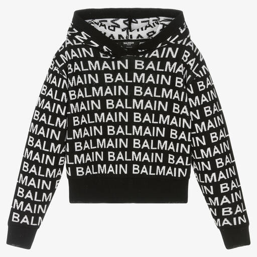 Balmain-Teen Girls Black & White Monogram Knit Hoodie | Childrensalon Outlet