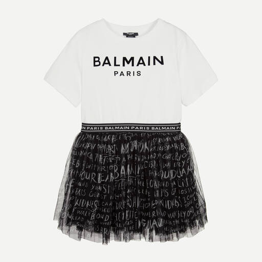 Balmain-Teen Girls White & Black Logo Dress | Childrensalon Outlet