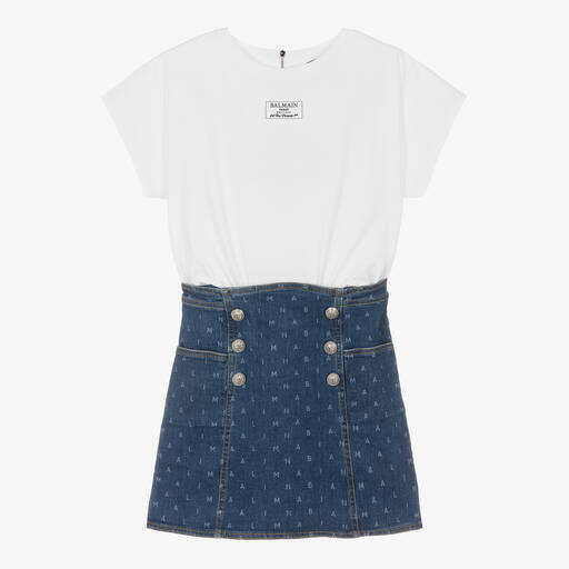 Balmain-فستان قطن ودنيم لون أبيض وأزرق للمراهقات | Childrensalon Outlet
