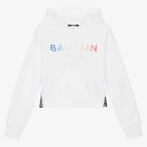 Balmain-Teen Girls White Cropped Hoodie | Childrensalon Outlet