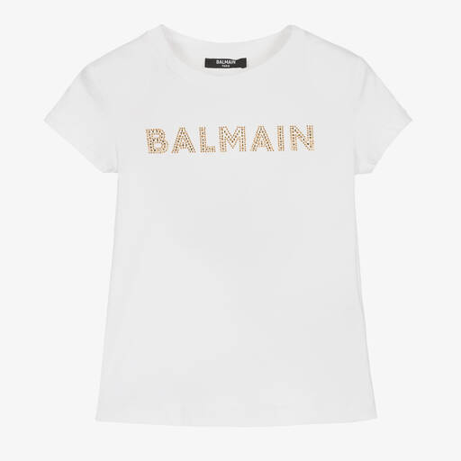 Balmain-Weißes Teen T-Shirt mit Strass | Childrensalon Outlet