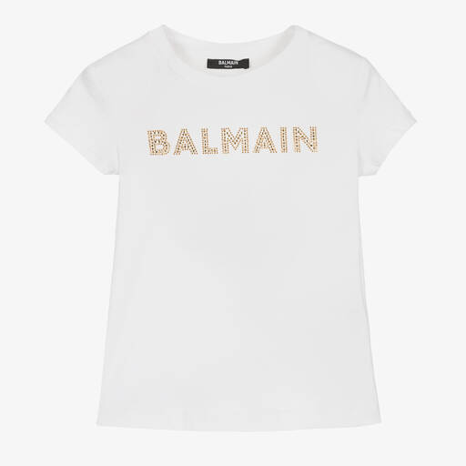 Balmain-Teen Girls White Diamanté T-Shirt | Childrensalon Outlet