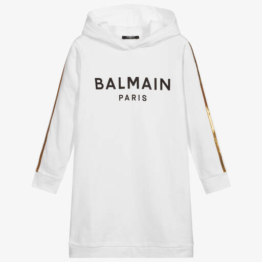 Balmain-فستان هودي تينز قطن جيرسي لون أبيض | Childrensalon Outlet