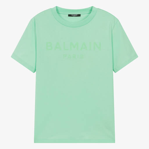 Balmain-Teen Green Cotton Tonal-Graphic T-Shirt | Childrensalon Outlet