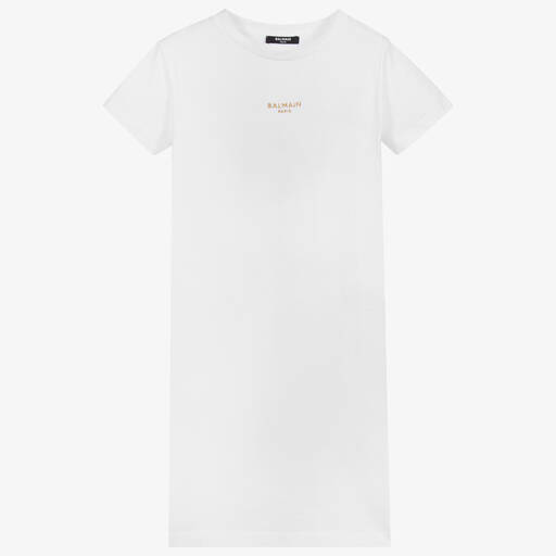 Balmain-Teen White Logo Jersey Dress | Childrensalon Outlet