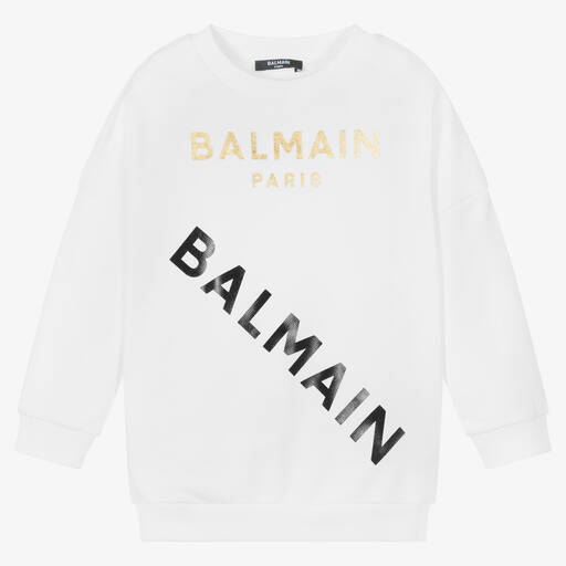 Balmain-سويتشيرت قطن لون أبيض | Childrensalon Outlet