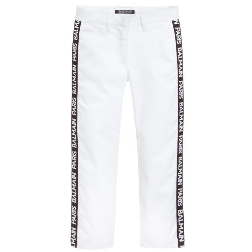 Balmain-White Cotton Logo Trousers | Childrensalon Outlet