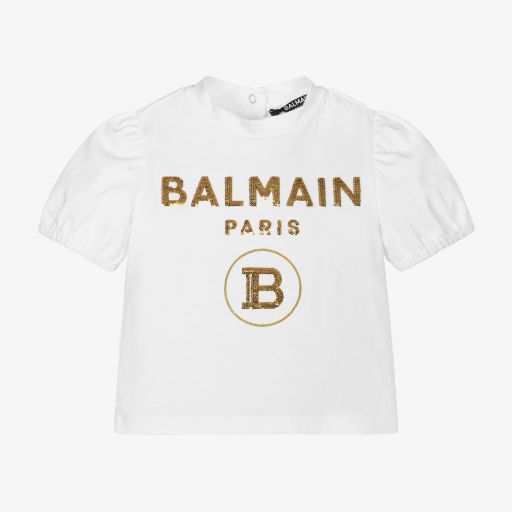 Balmain-White & Gold Logo T-Shirt | Childrensalon Outlet