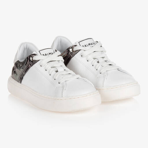 Balmain-White Leather Logo Trainers | Childrensalon Outlet