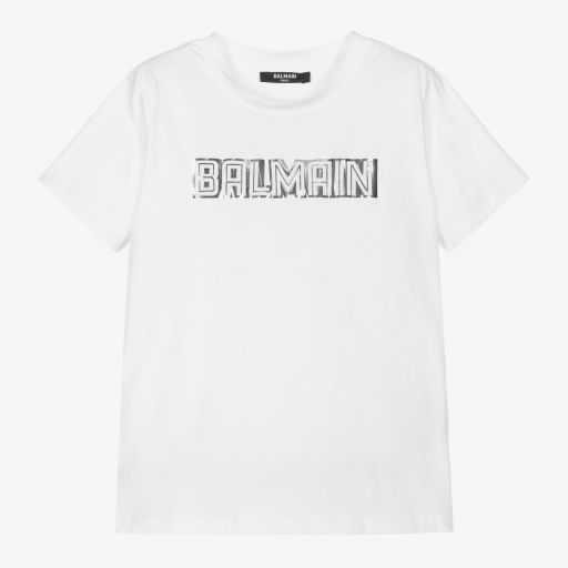 Balmain-White & Silver Logo T-Shirt | Childrensalon Outlet