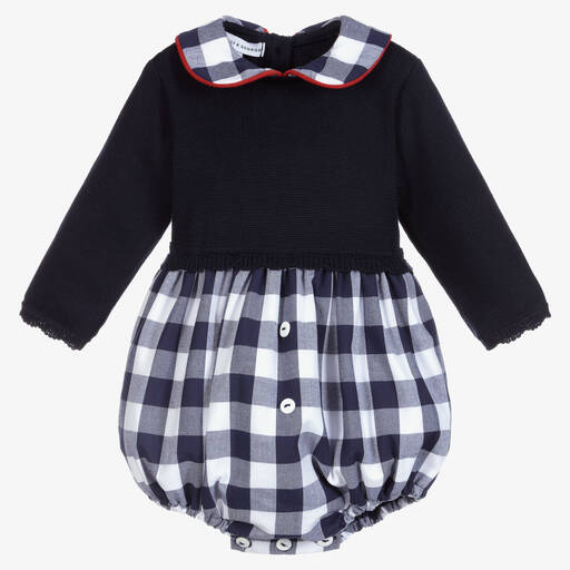 Beatrice & George-Синий трикотажный короткий комбинезон в клетку | Childrensalon Outlet