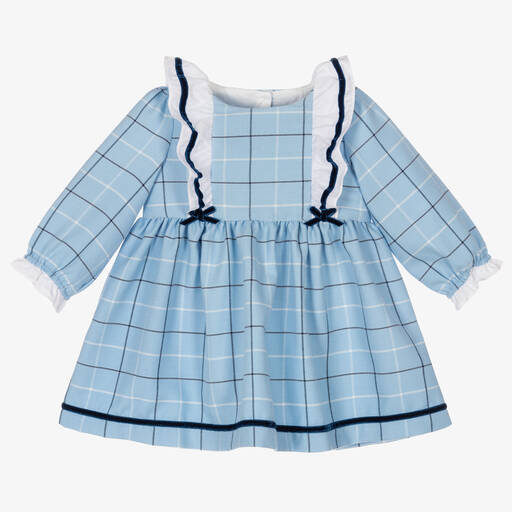 Beatrice & George-Baby Girls Blue Check Frill Viscose Dress | Childrensalon Outlet