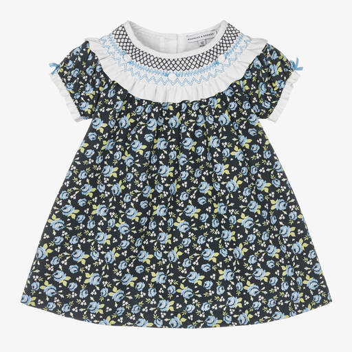 Beatrice & George-Baby Girls Blue Floral Smocked Cotton Dress | Childrensalon Outlet
