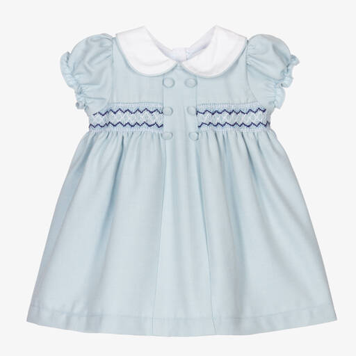 Beatrice & George-Baby Girls Blue Smocked Viscose Dress | Childrensalon Outlet