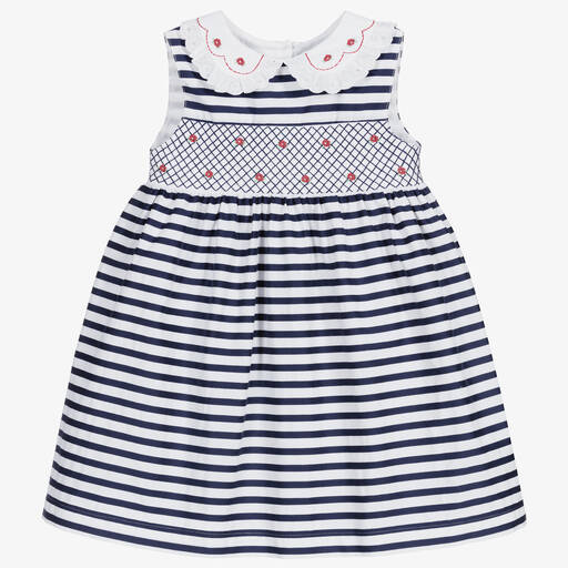 Beatrice & George-Baby Girls Blue Stripe Smocked Cotton Dress | Childrensalon Outlet