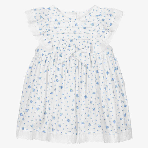 Beatrice & George-Baby Girls White & Blue Cotton Ruffle Dress | Childrensalon Outlet
