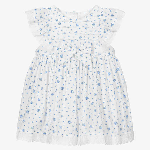 Beatrice & George - Barboteuse bleue smockée en coton bébé fille