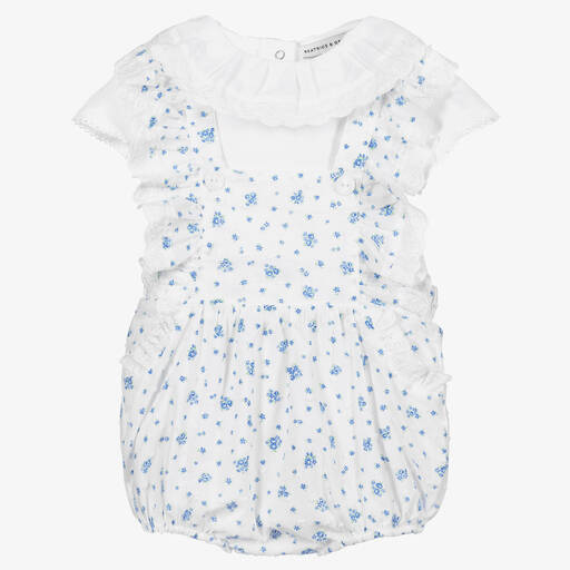 Beatrice & George-Baby Girls White & Blue Dungaree Shorts Set | Childrensalon Outlet
