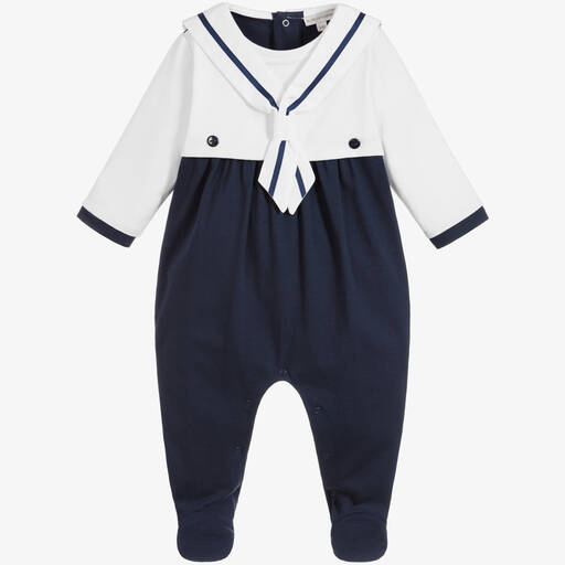 Beatrice & George-Blue Cotton Sailor Babygrow | Childrensalon Outlet