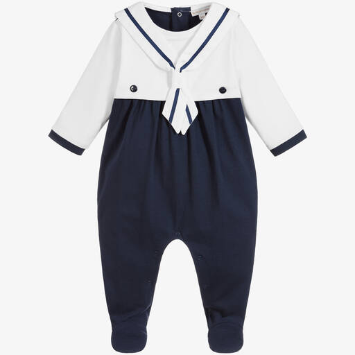 Beatrice & George-Blue & White Cotton Sailor Babygrow | Childrensalon Outlet