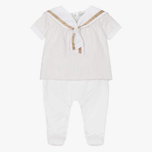 Beatrice & George-Boys Beige Stripe Cotton Sailor Babygrow | Childrensalon Outlet