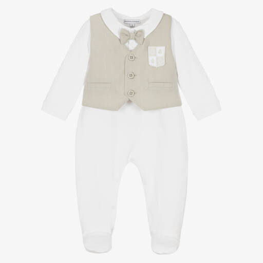 Beatrice & George-Boys Beige & White Formal Babygrow | Childrensalon Outlet