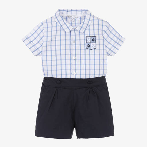 Beatrice & George-Boys Blue Cotton Buster Suit | Childrensalon Outlet