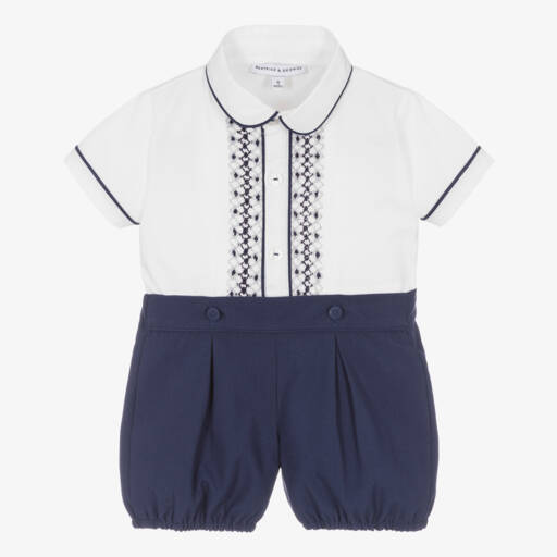 Beatrice & George-Boys Blue Hand-Embroidered Cotton Set | Childrensalon Outlet