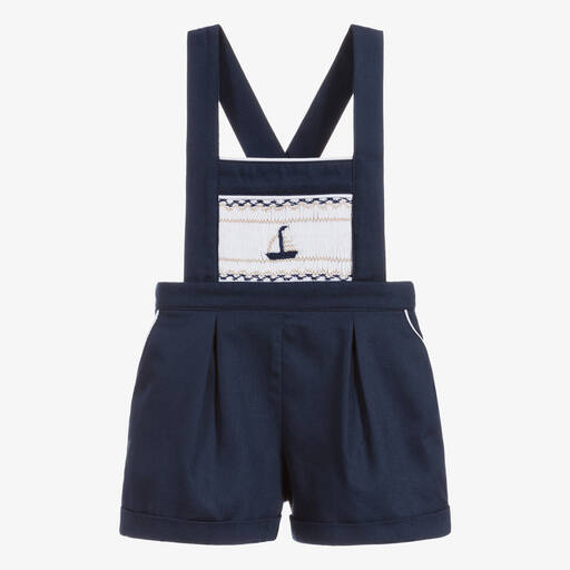 Beatrice & George-Boys Blue Hand-Smocked Dungaree Shorts | Childrensalon Outlet