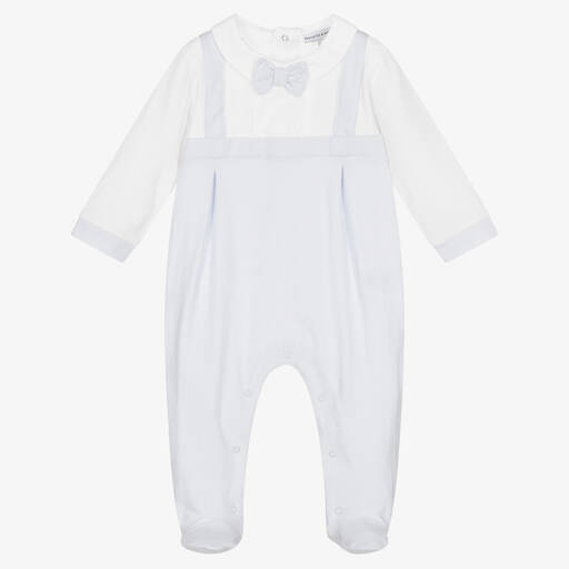 Beatrice & George-Boys Blue & White Cotton Babygrow | Childrensalon Outlet