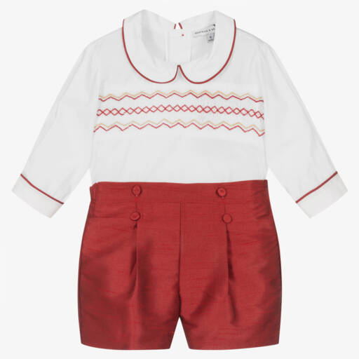 Beatrice & George-Boys Crimson Hand-Smocked Outfit Set | Childrensalon Outlet