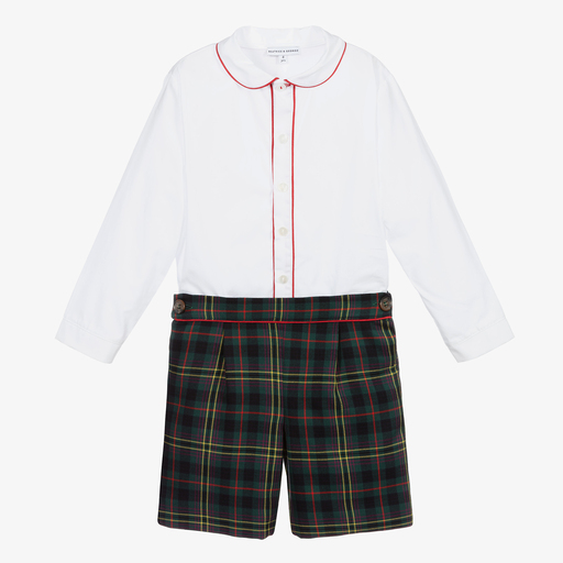 Beatrice & George-طقم شورت تارتان و قميص قطن لون أخضر و أبيض  | Childrensalon Outlet