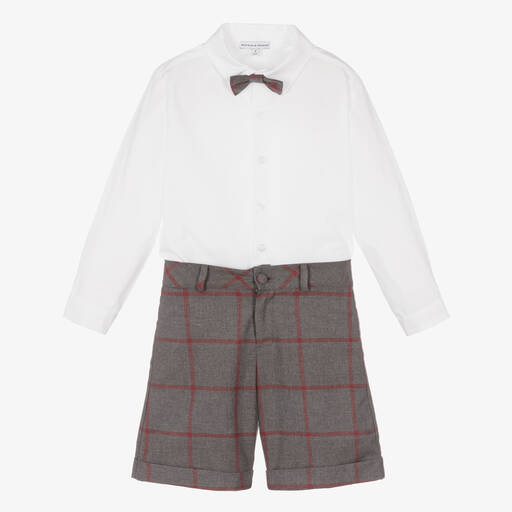 Beatrice & George-Kariertes Shorts-Set in Grau & Rot | Childrensalon Outlet