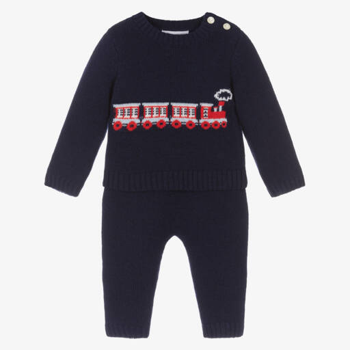 Beatrice & George-Boys Navy Train Knit Set | Childrensalon Outlet