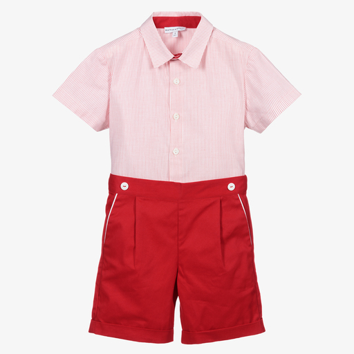 Beatrice & George-طقم شورت وقميص قطن لون أحمر وأبيض للأولاد | Childrensalon Outlet