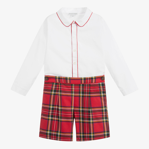 Beatrice & George-طقم شورت تارتان وقميص قطن لون أحمر و أبيض  | Childrensalon Outlet