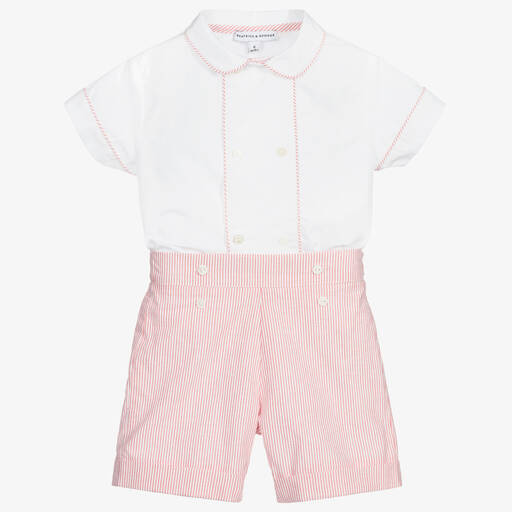 Beatrice & George-Boys Red & White Cotton Buster Suit | Childrensalon Outlet